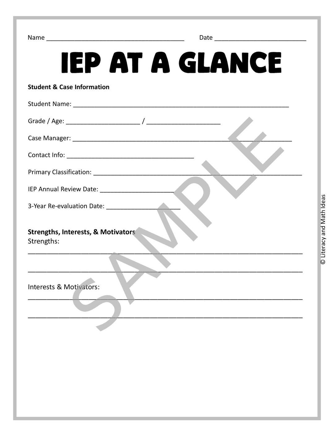 Free IEP At A Glance Form for Special Education Accommodations Binder