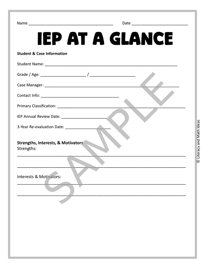 Free IEP At A Glance Form for Special Education Accommodations Binder