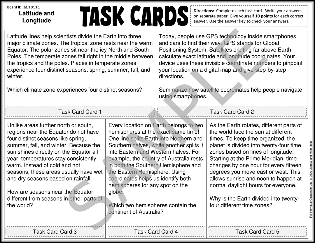 Latitude and Longitude No-Prep Task Cards (30 Activities)