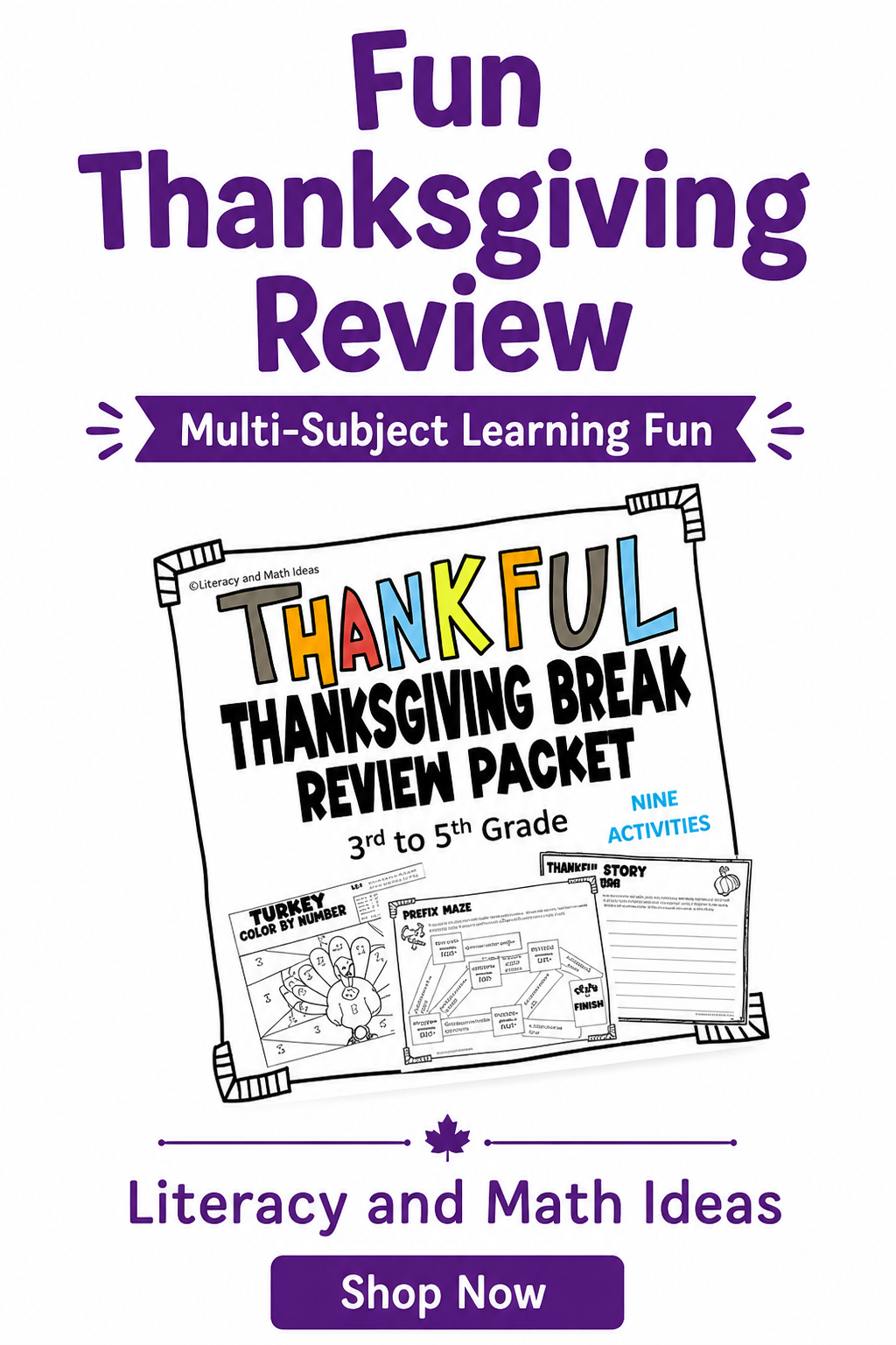 Thanksgiving Break Math & ELA Review Packet (Grades 3-5)