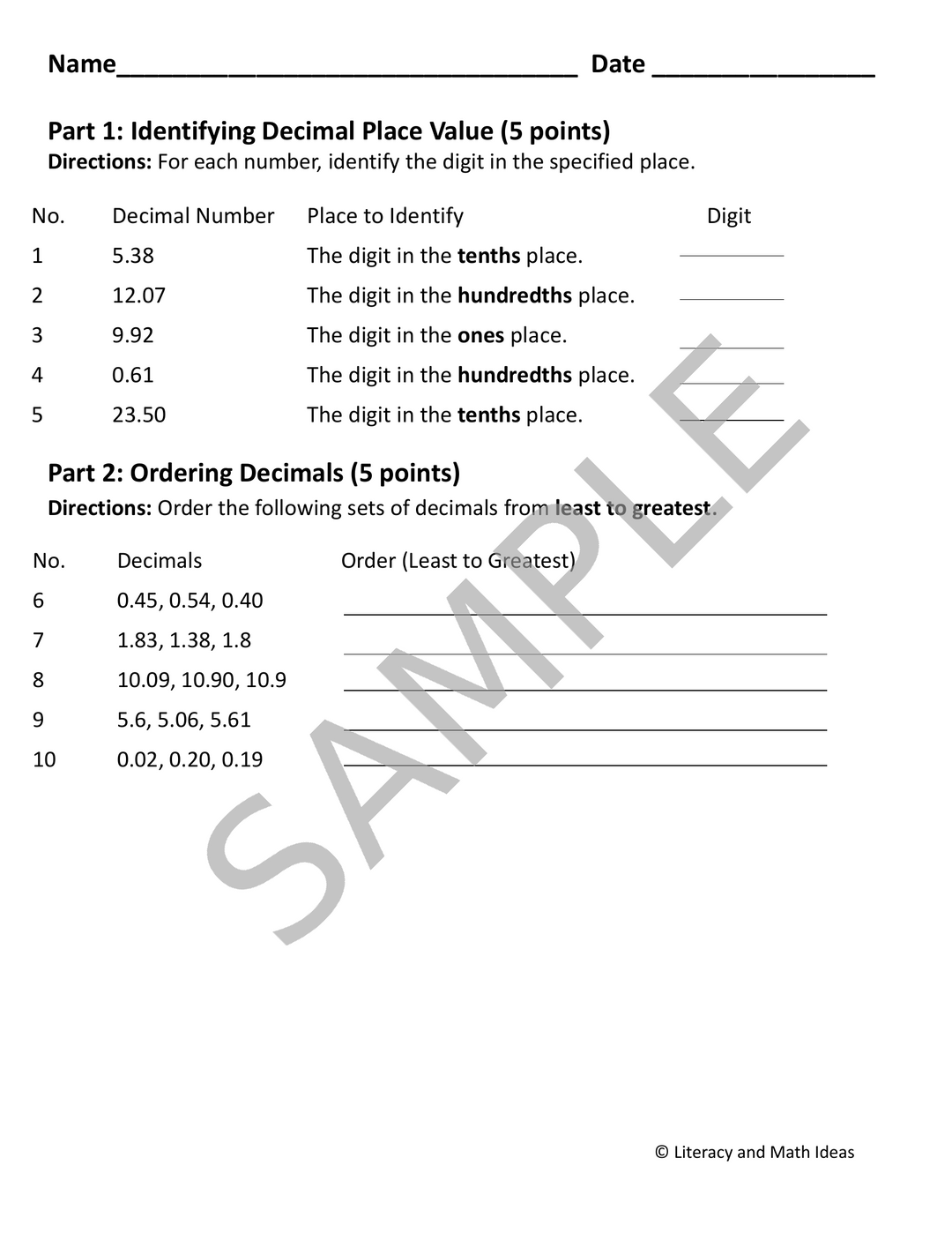 Free Decimal Place Value Worksheet & Reference Bookmarks