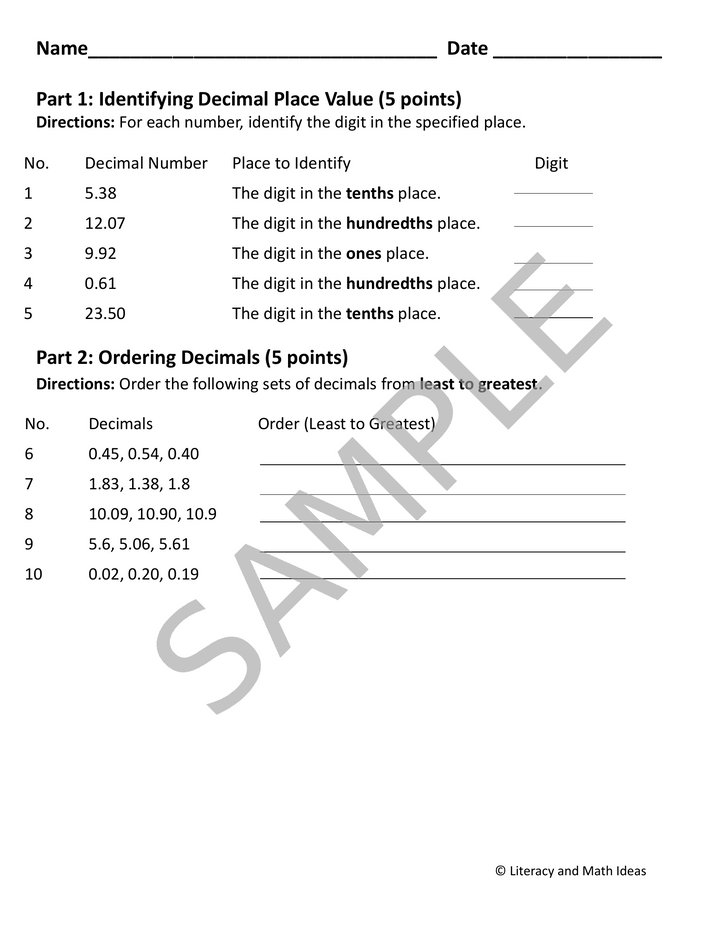 Free Decimal Place Value Worksheet & Reference Bookmarks