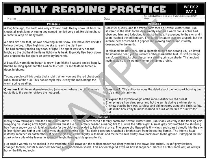 Grade 4 Differentiated Daily Reading Comprehension Worksheets - Month 1