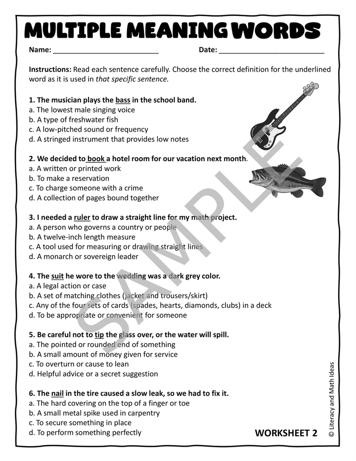 Multiple Meaning Words Worksheets, Task Cards & Slide Presentation