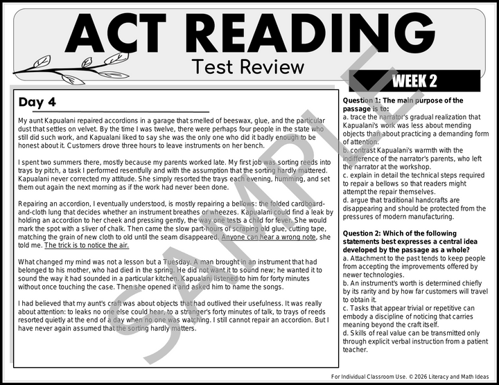 Daily ACT Reading Comprehension Practice - Week 2