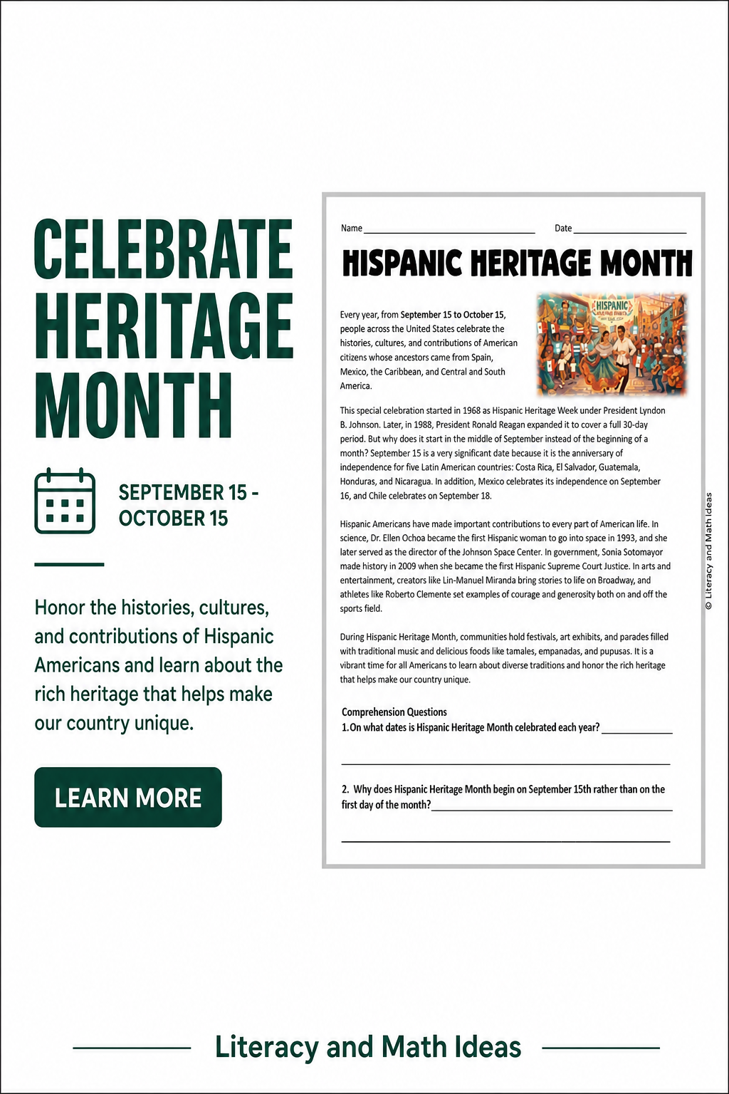 Hispanic Heritage Month Reading Passage & Free Morning Work