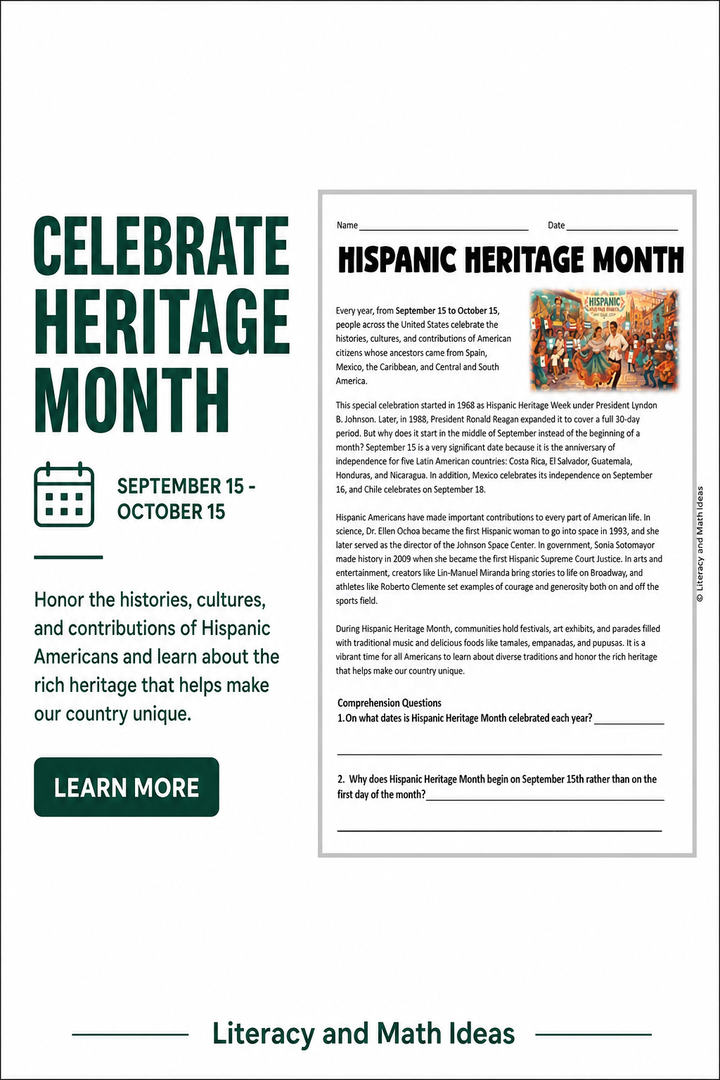 Hispanic Heritage Month Reading Passage & Free Morning Work