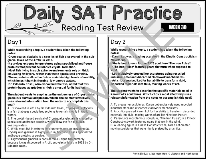 Daily SAT Reading Practice: Weeks 29-32 (Month 8)