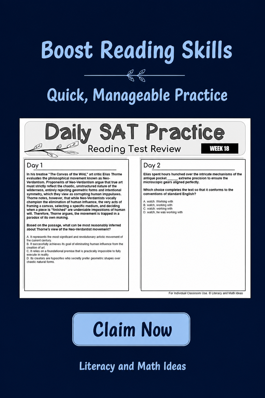 Daily SAT Reading Practice Weeks 17-20: Grammar & Comprehension Review