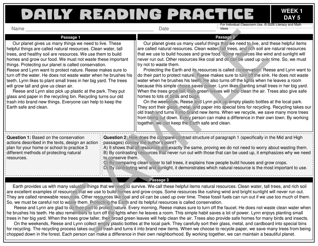 Grade 4 Differentiated Daily Reading Comprehension Worksheets - Month 1