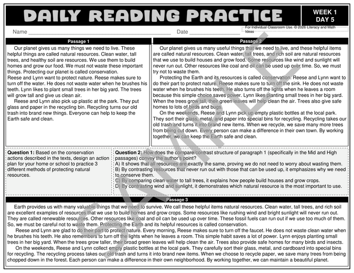 Grade 4 Differentiated Daily Reading Comprehension Worksheets - Month 1