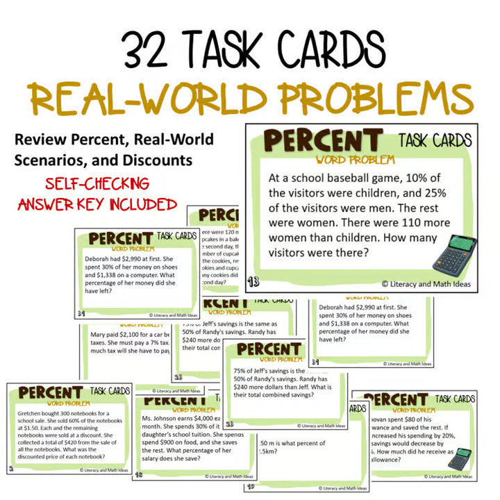 Percent Word Problems Task Cards: Taxes Tips and Discounts | 6th 7th Grade