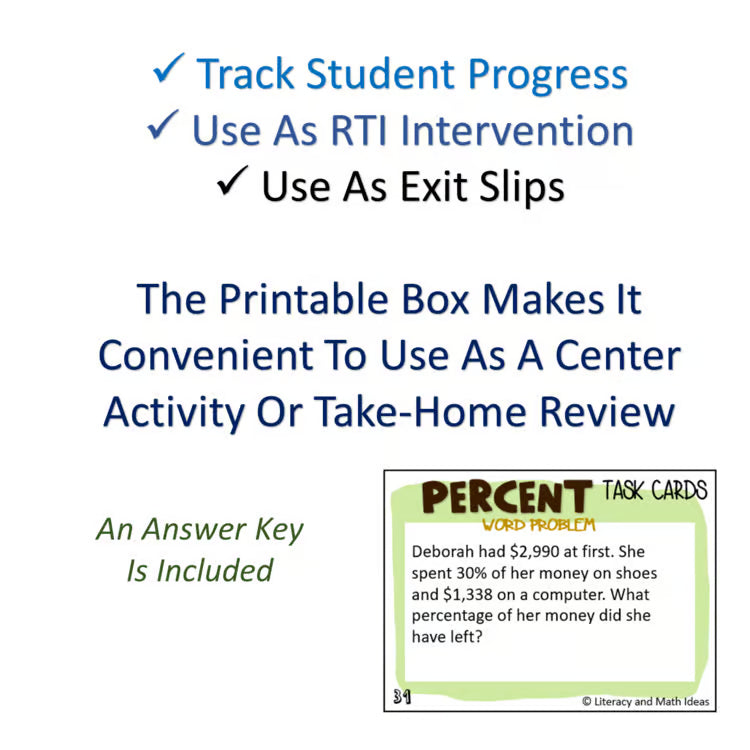 Percent Word Problems Task Cards: Taxes Tips and Discounts | 6th 7th Grade