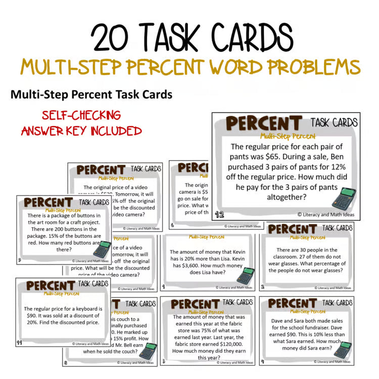 Multi-Step Percent Word Problems Task Cards | 6th 7th Grade Math Intervention RTI
