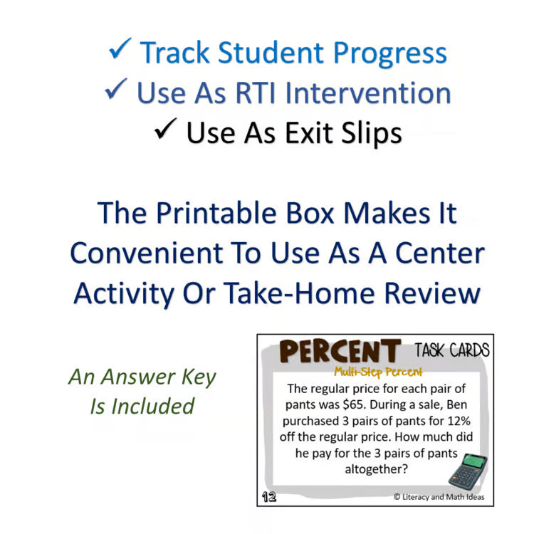 Multi-Step Percent Word Problems Task Cards | 6th 7th Grade Math Intervention RTI