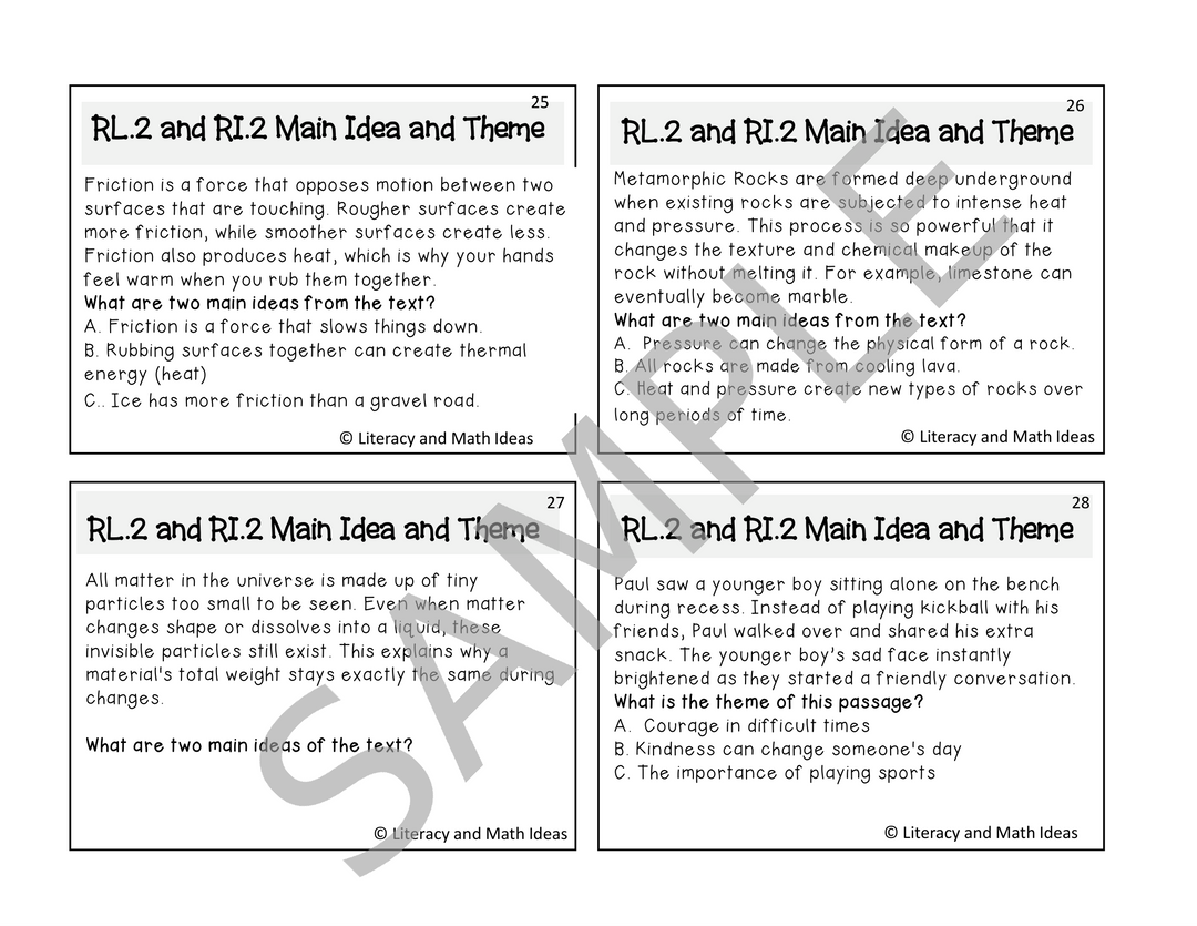 Grade 5 Main Idea & Theme Task Cards (CCSS RL.5.2 & RI.5.2)