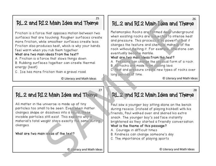Grade 5 Main Idea & Theme Task Cards (CCSS RL.5.2 & RI.5.2)