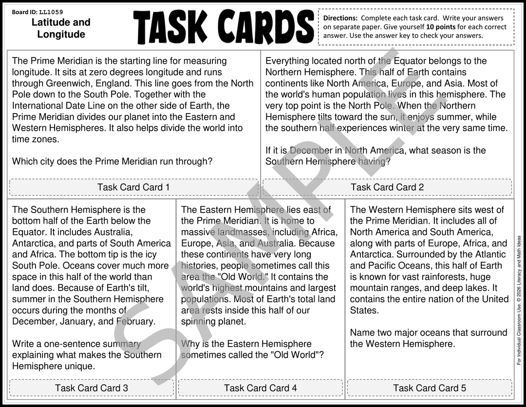 Latitude and Longitude No-Prep Task Cards (30 Activities)