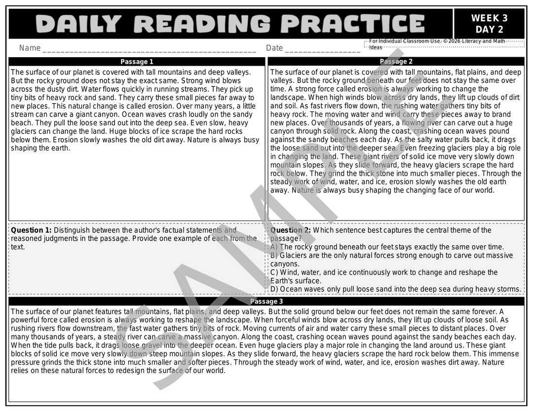Differentiated Daily Reading Comprehension - Grade 5 (Month 1) Weeks 1 - 4