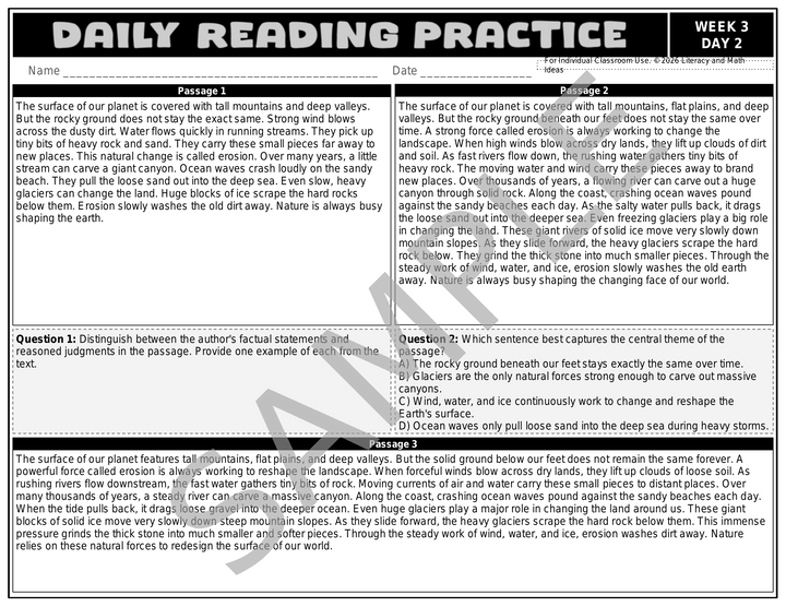 Differentiated Daily Reading Comprehension - Grade 5 (Month 1) Weeks 1 - 4