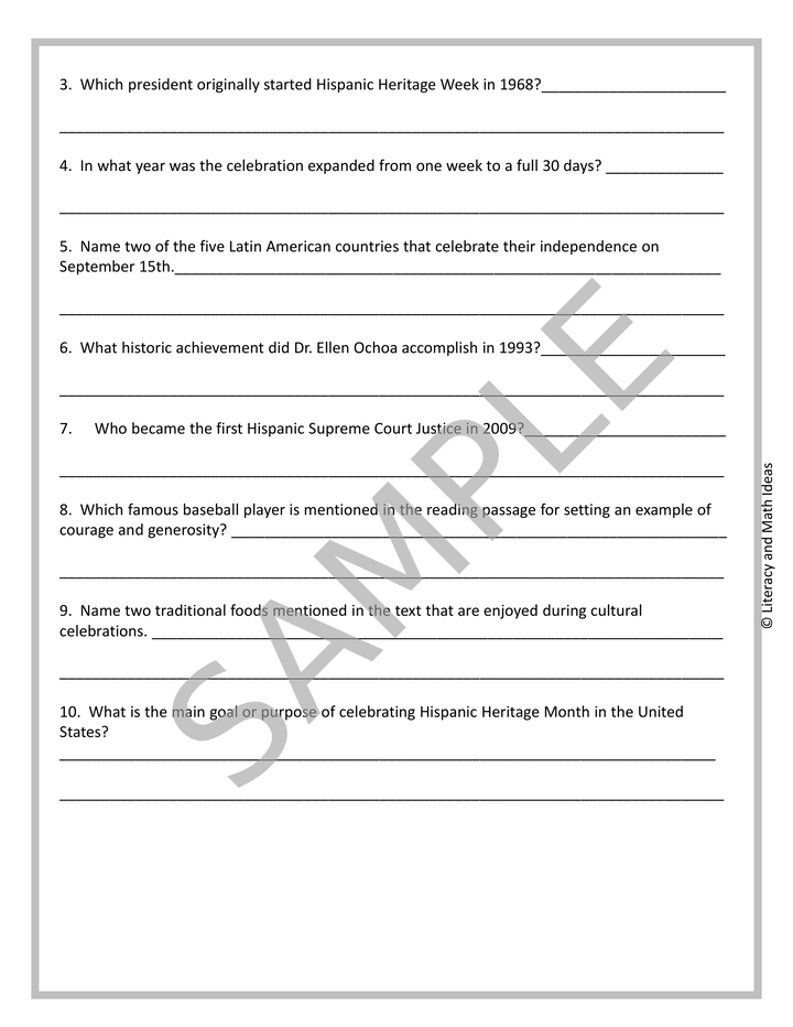 Hispanic Heritage Month Reading Passage & Free Morning Work