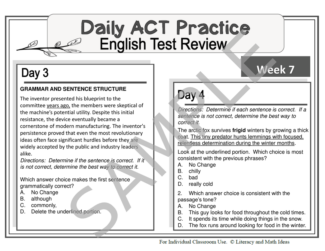 Daily ACT English Test Practice (Weeks 5 - 8): Grammar & Sentence Structure