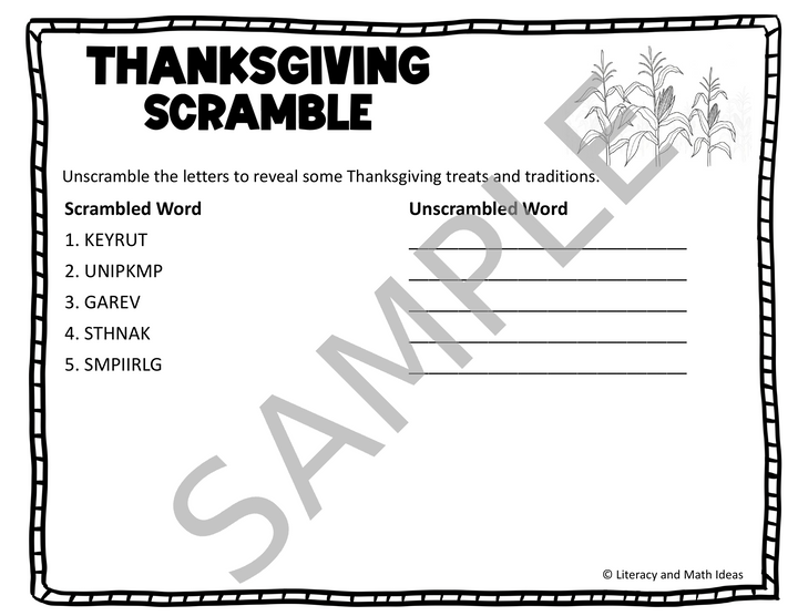 Thanksgiving Break Math & ELA Review Packet (Grades 3-5)
