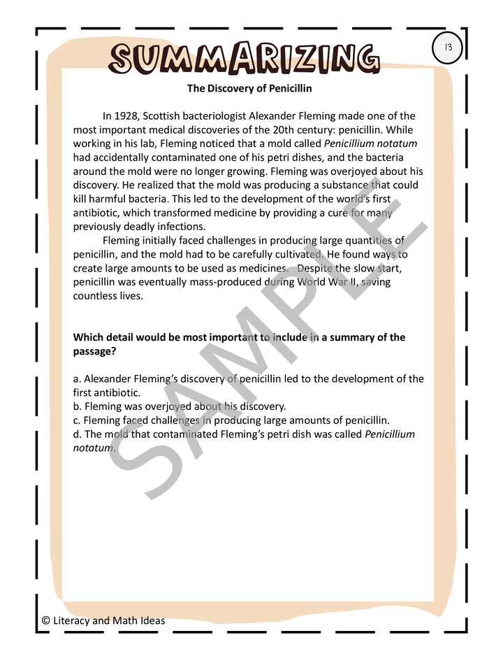 Differentiated Summarizing Task Cards: Marzano Taxonomy Reading Comprehension
