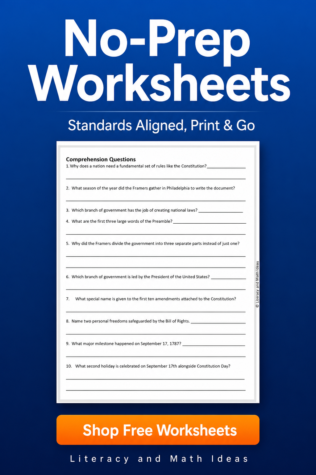 Free Constitution Day Reading Comprehension Worksheet & Morning Work (Grades 3-5)