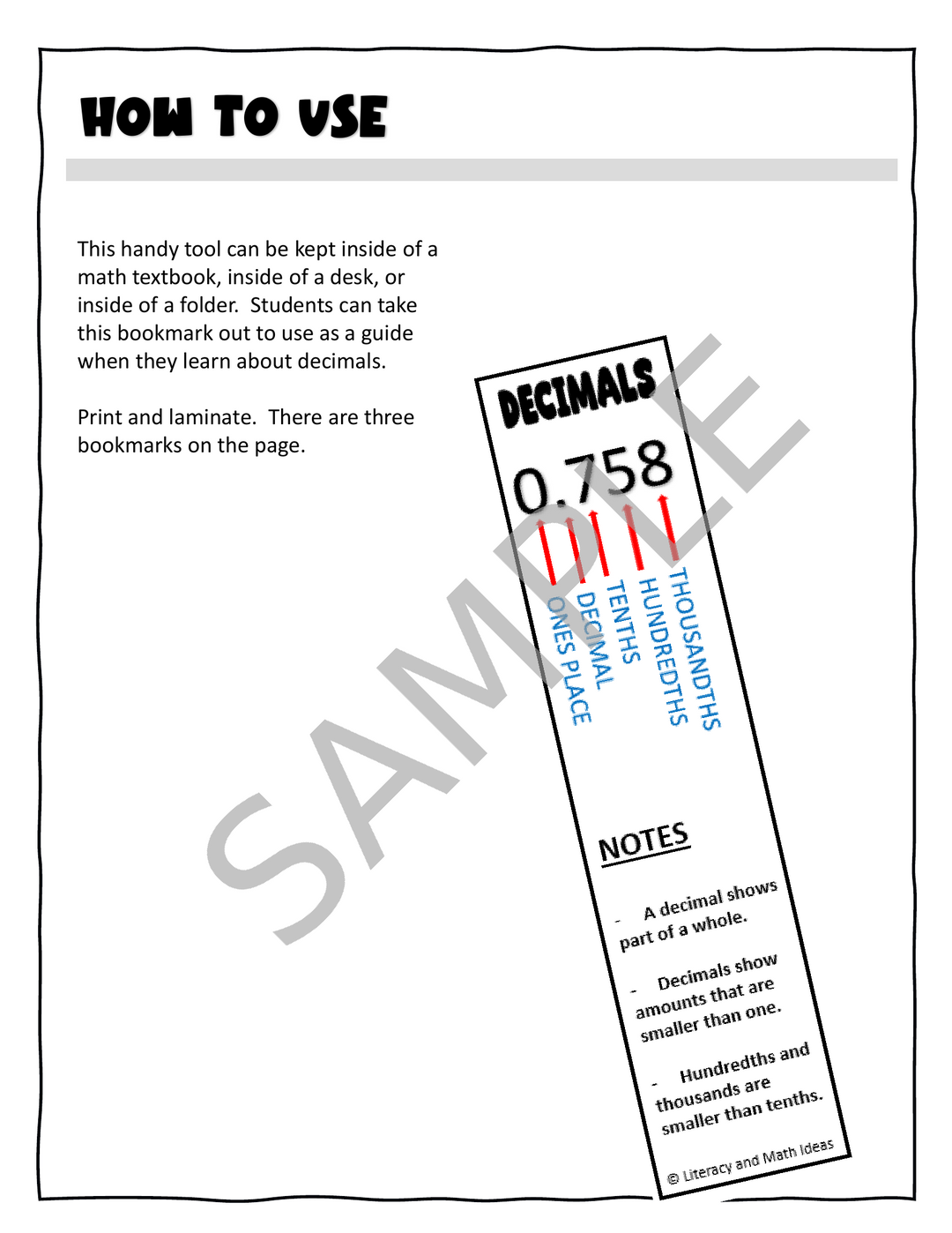 FREE Decimal Place Value Chart Cheat Sheet Bookmark and Reference Guide