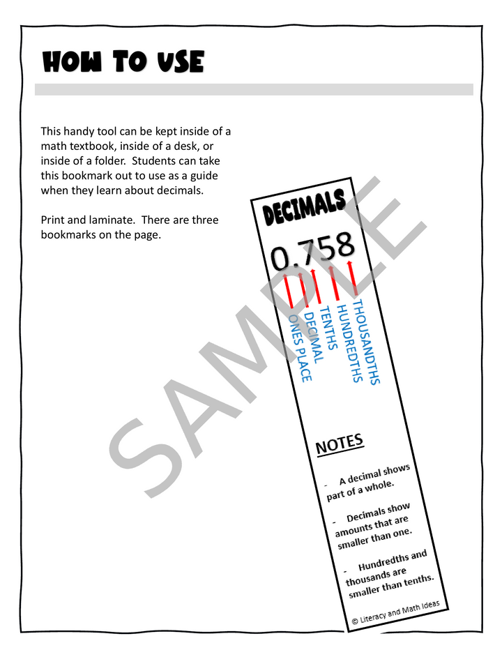 FREE Decimal Place Value Chart Cheat Sheet Bookmark and Reference Guide