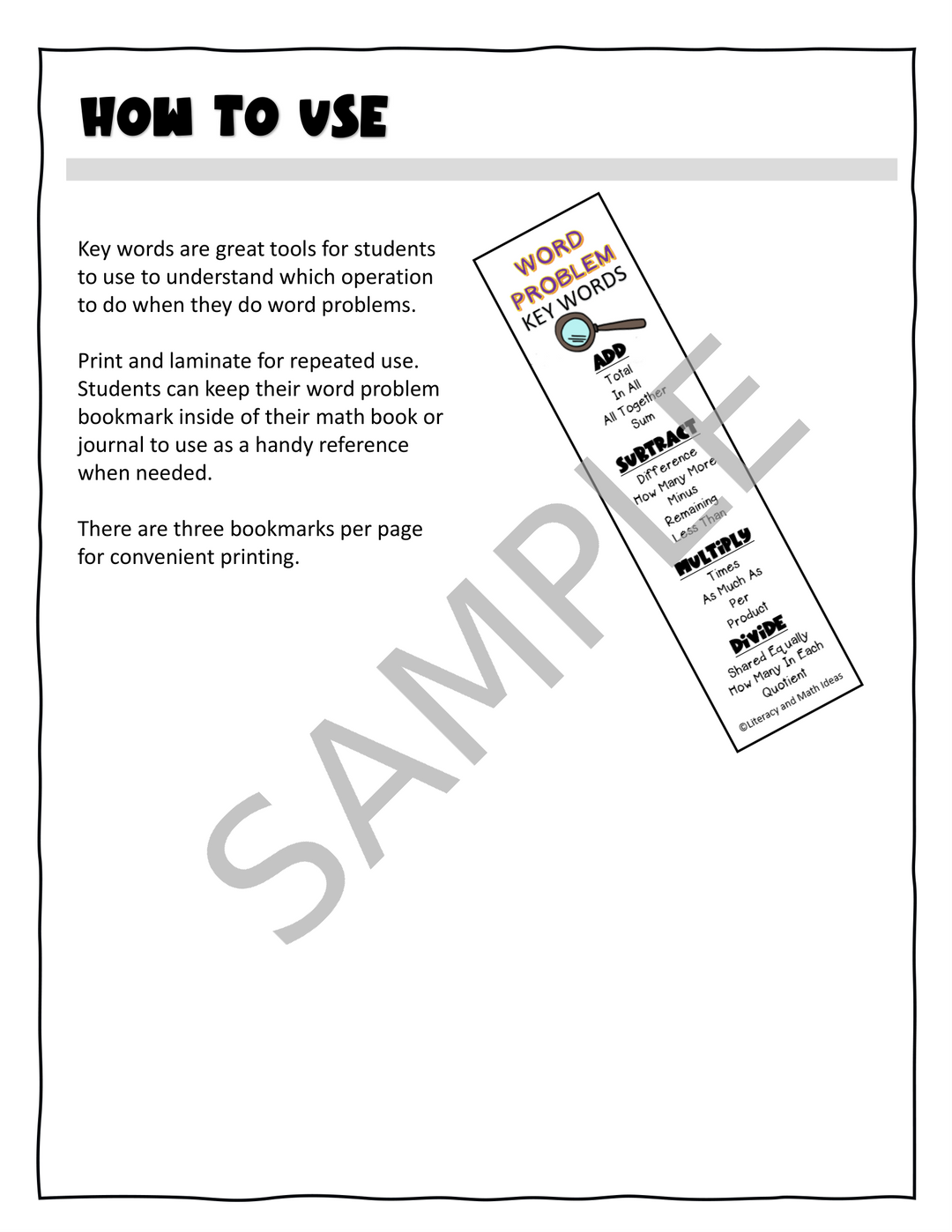 Free Math Word Problem Key Word Bookmarks