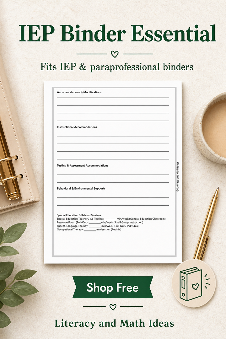 Free IEP At A Glance Form for Special Education Accommodations Binder
