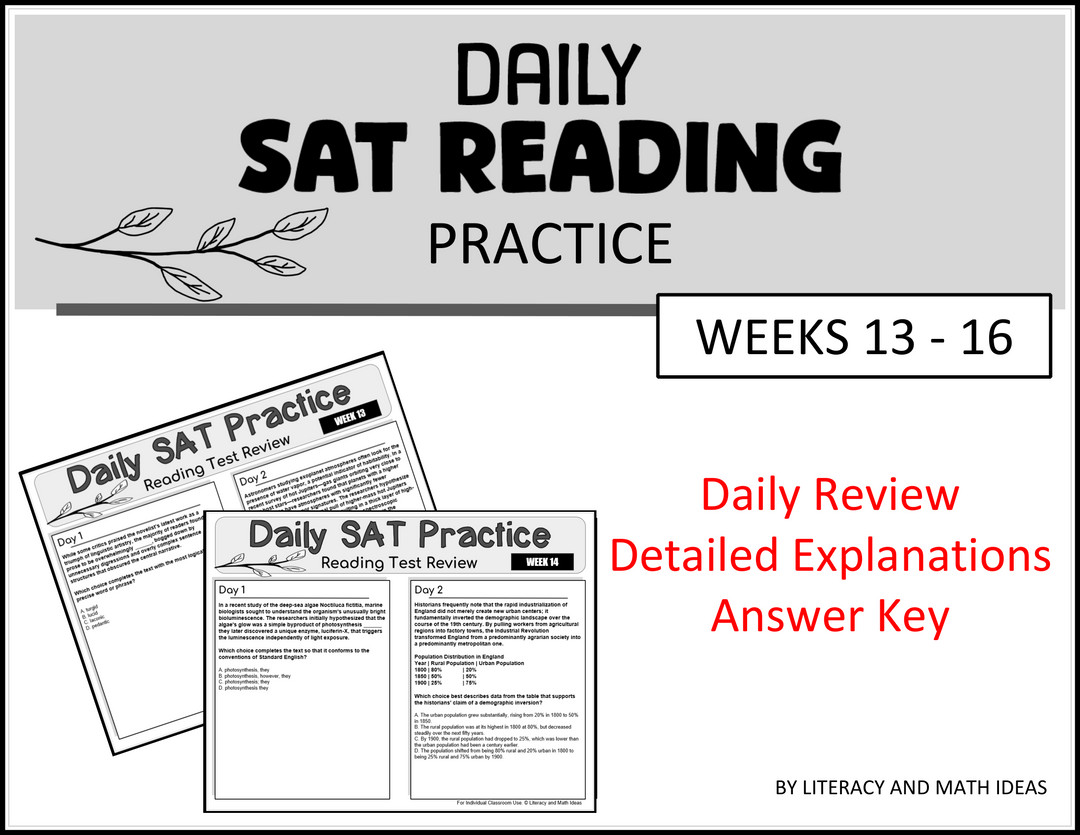 Daily SAT Reading Practice Weeks 13-16 (Month 4) - Test Prep & Detailed Explanations