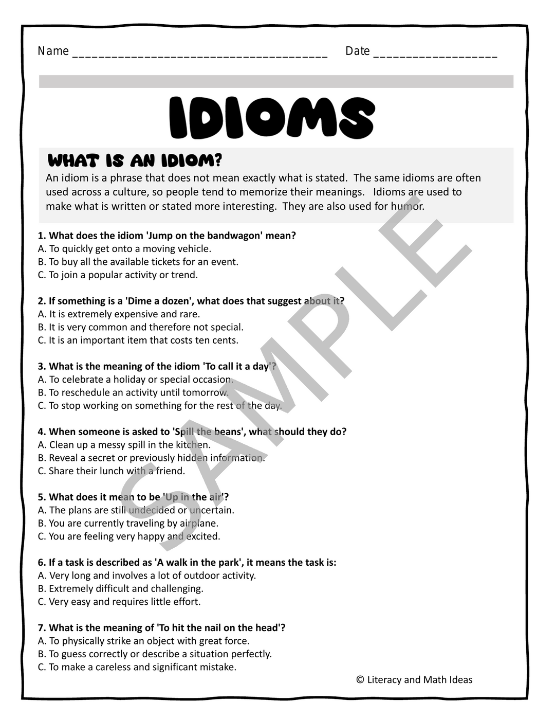 Free Idiom Review Worksheet & Answer Key