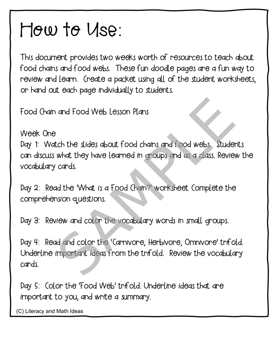 Food Chains and Food Webs Doodle Notes, Comprehension, and Slides