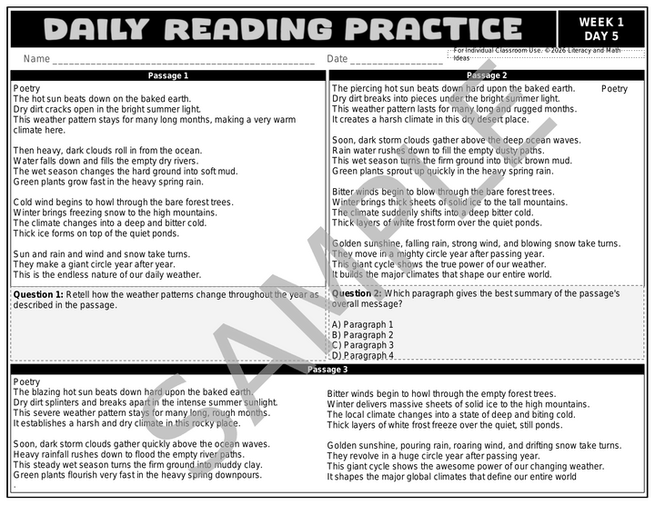 Free 3rd Grade Differentiated Daily Reading Comprehension Passages - 1 Week Sample