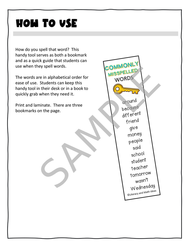 Free Commonly Misspelled Words Bookmarks - Spelling Reference Tool