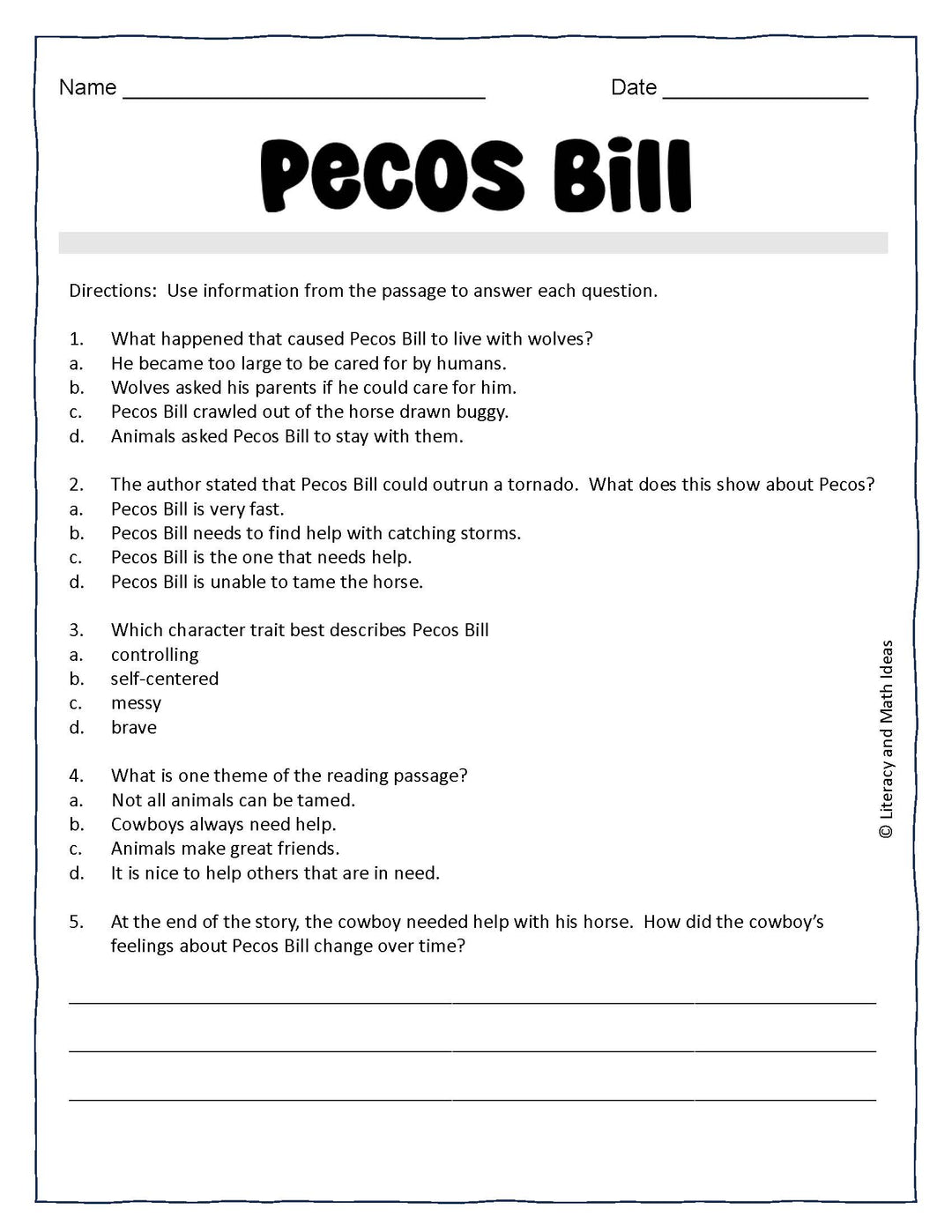 Free Tall Tale: Pecos Bill (Printable Book & Comprehension Questions)