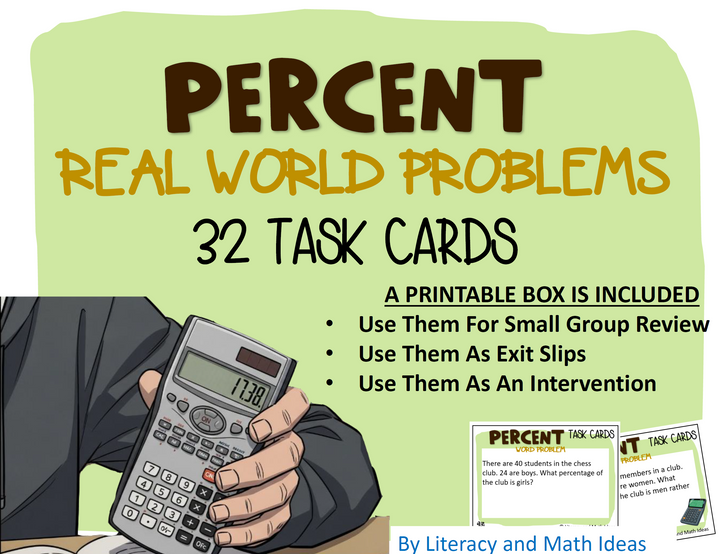 Percent Word Problems Task Cards: Taxes Tips and Discounts | 6th 7th Grade