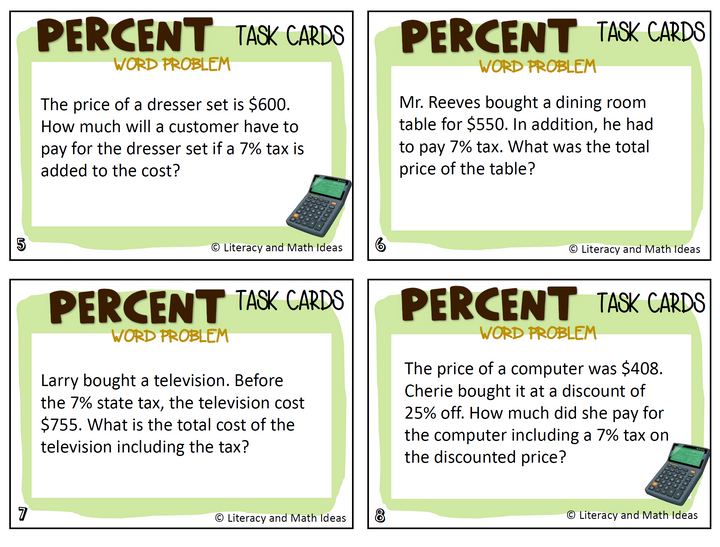 Percent Word Problems Task Cards: Taxes Tips and Discounts | 6th 7th Grade