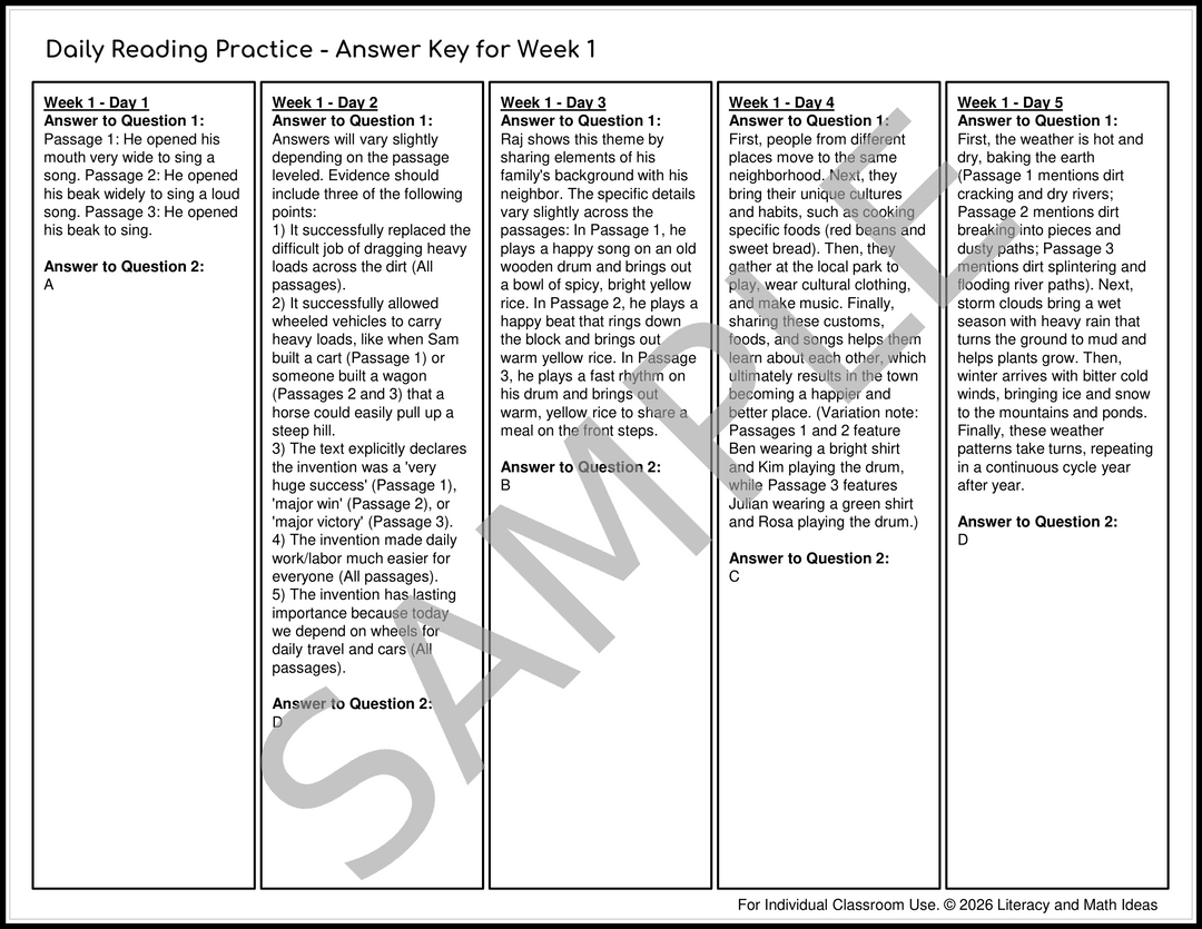 Free Differentiated Daily Reading Practice - 1 Week Sample