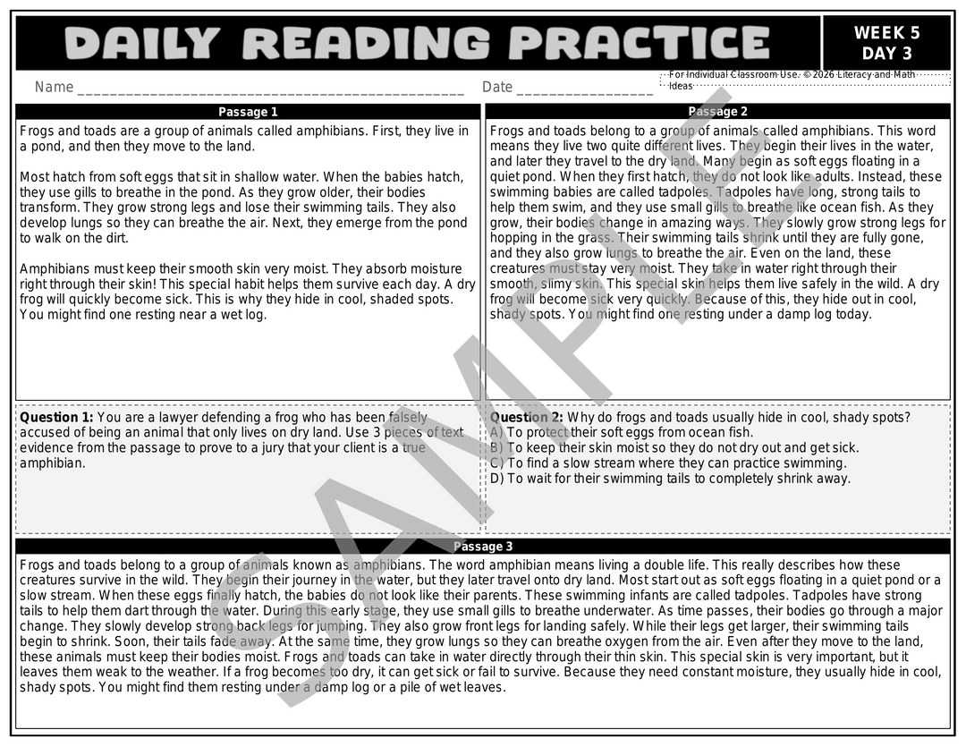 3rd Grade Differentiated Daily Reading Comprehension Passages (Weeks 5-8)
