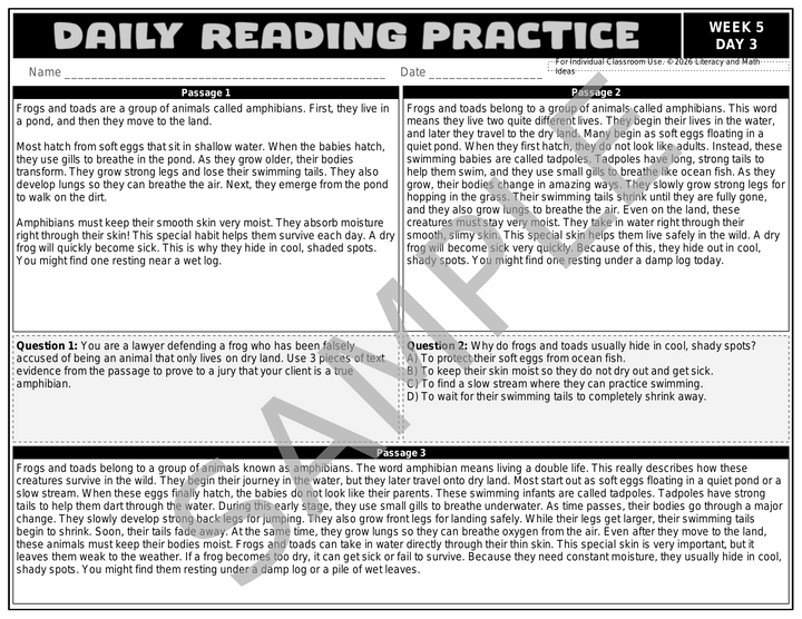 3rd Grade Differentiated Daily Reading Comprehension Passages (Weeks 5-8)