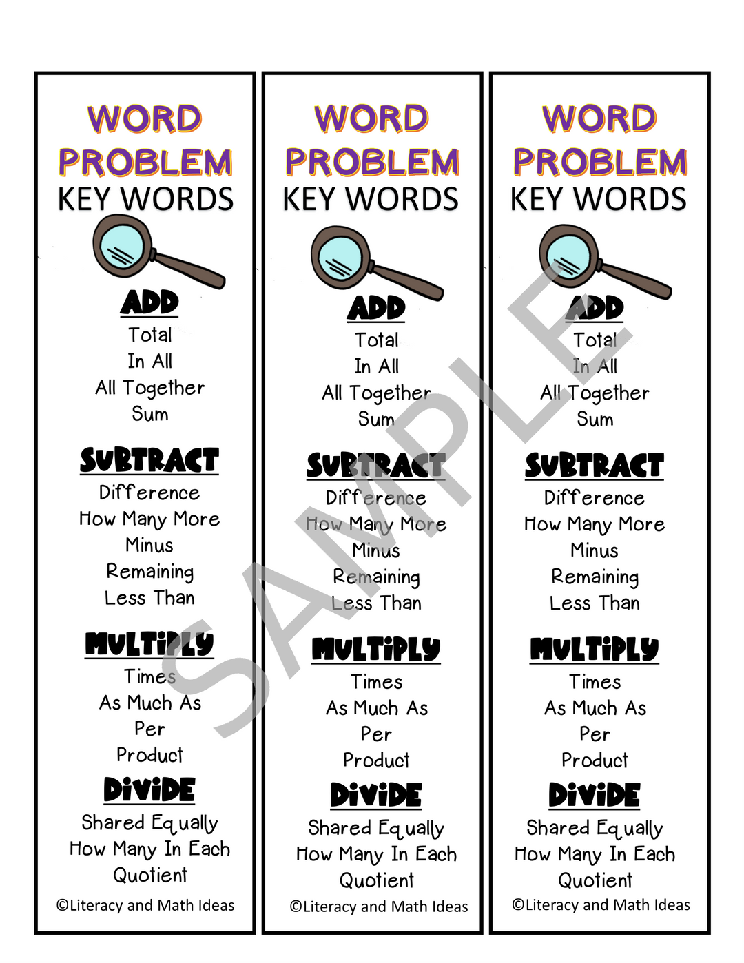 Free Math Word Problem Key Word Bookmarks