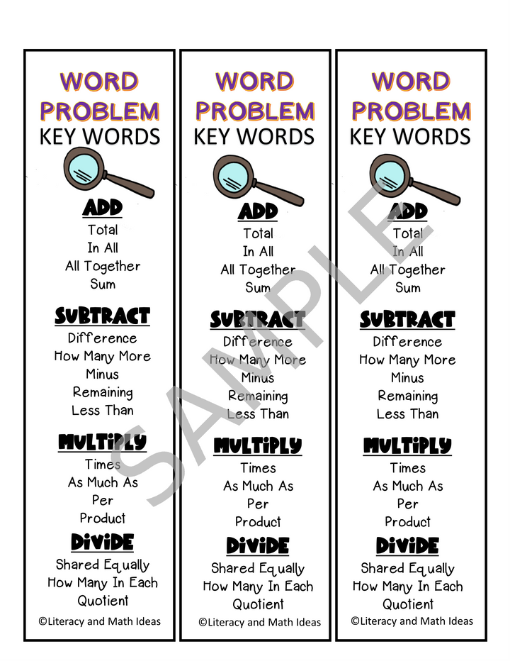 Free Math Word Problem Key Word Bookmarks