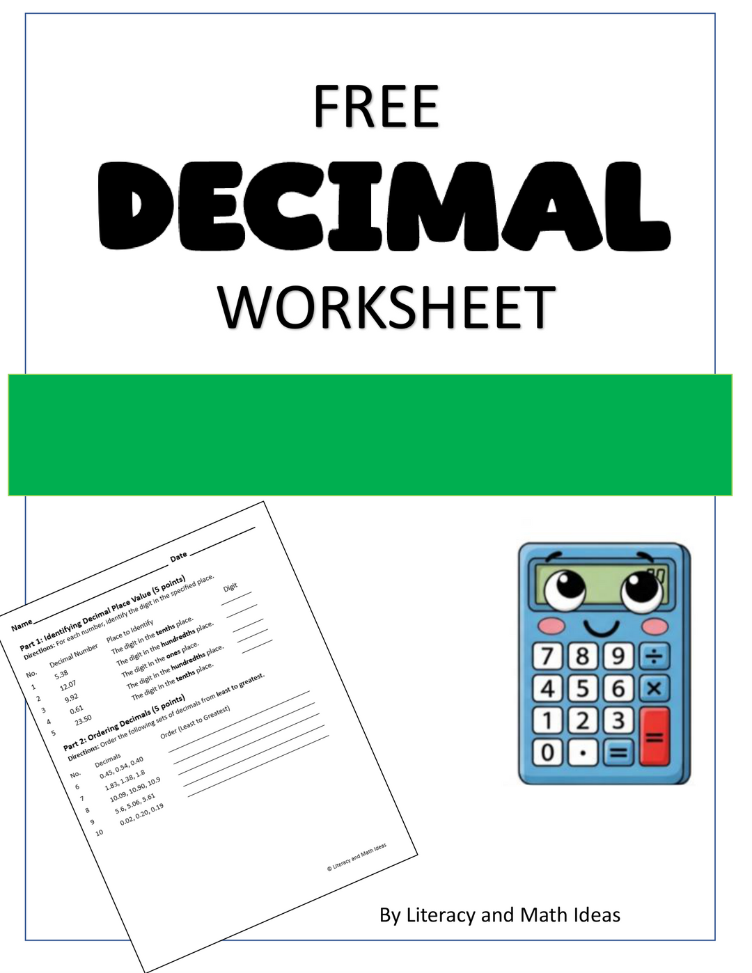 Free Decimal Place Value Worksheet & Reference Bookmarks