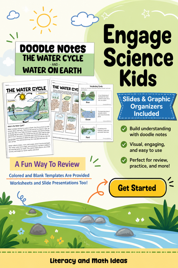 Water Cycle & Bodies of Water Doodle Notes, Slides, and Comprehension Bundle