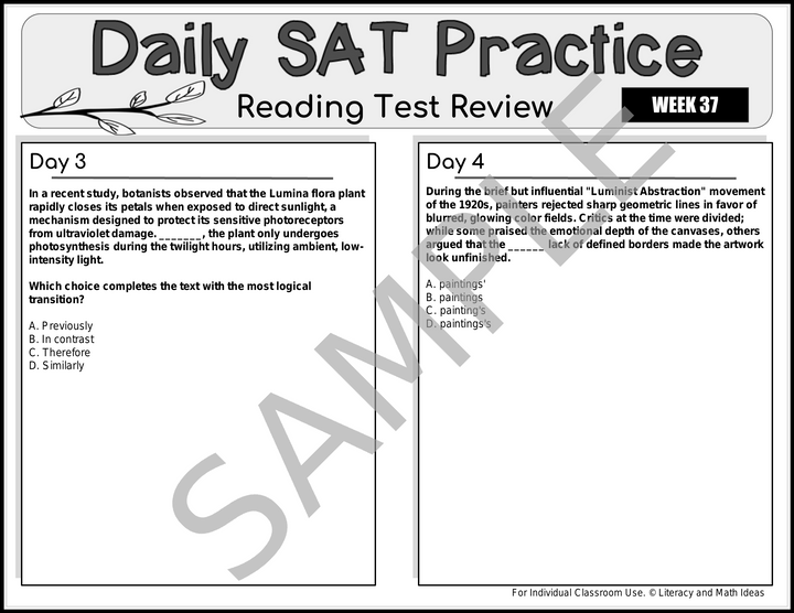 Daily SAT Reading Practice Weeks 37-40: Critical Reading & Grammar Prep