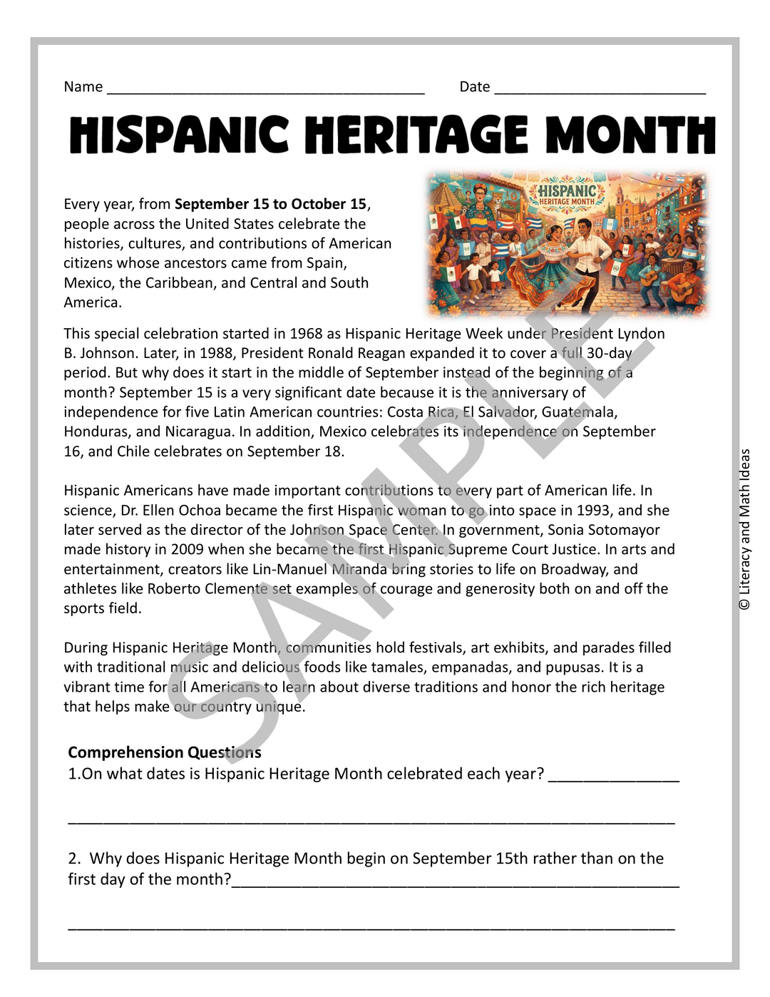 Hispanic Heritage Month Reading Passage & Free Morning Work